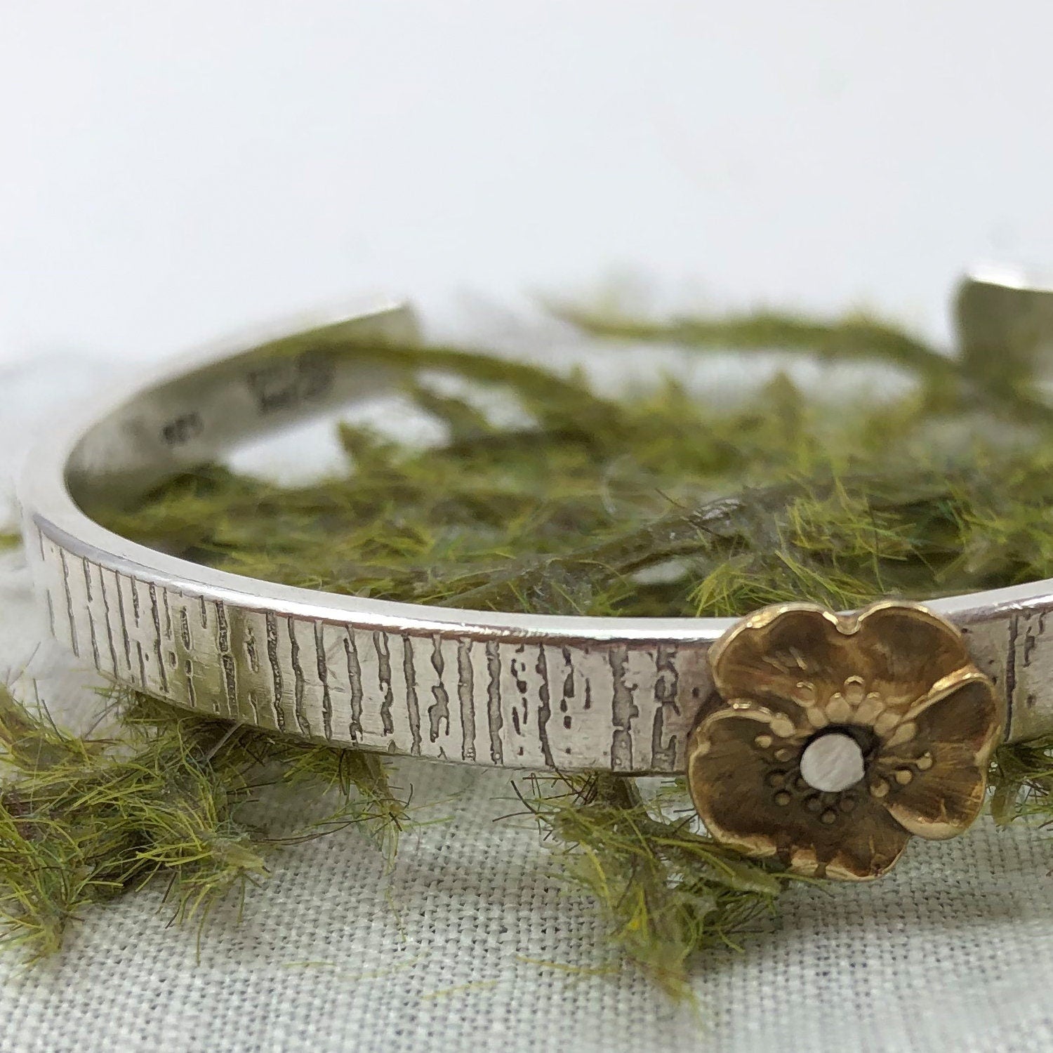Sterling Tree Bark Cuff with Repurposed Vintage Pansy