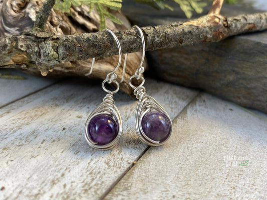 Herringbone Wrapped Amethyst Sterling Earrings
