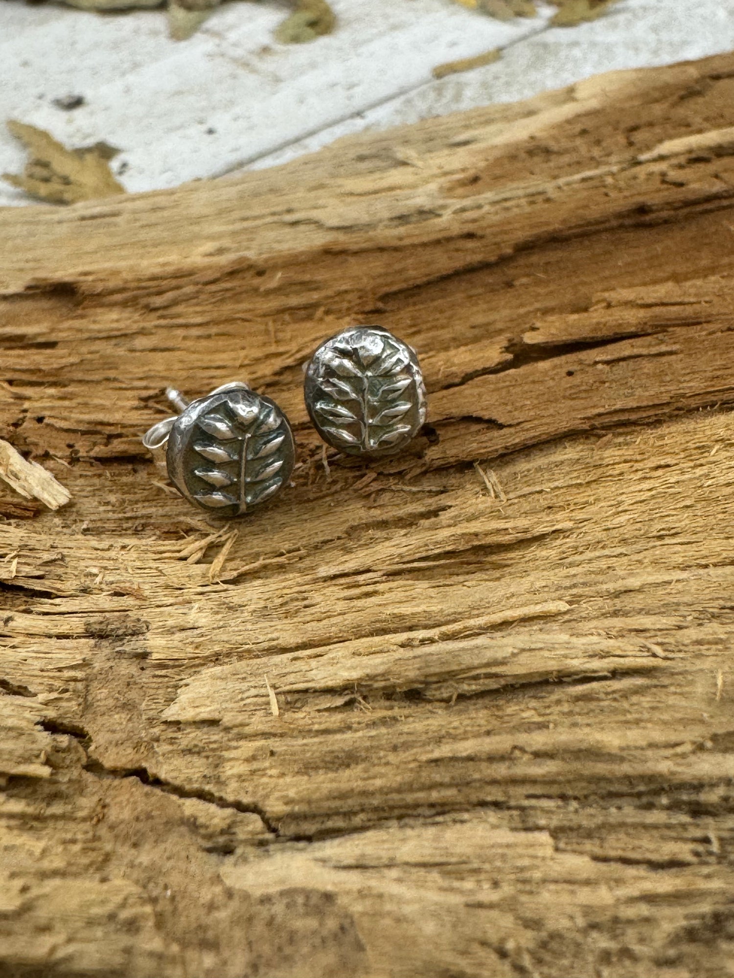 Handcrafted solid sterling silver stud earrings with the texture of a fern created from fully melted, recycled silver. Each piece is unique, reflecting the maker’s vision and the beauty of sustainable transformation.