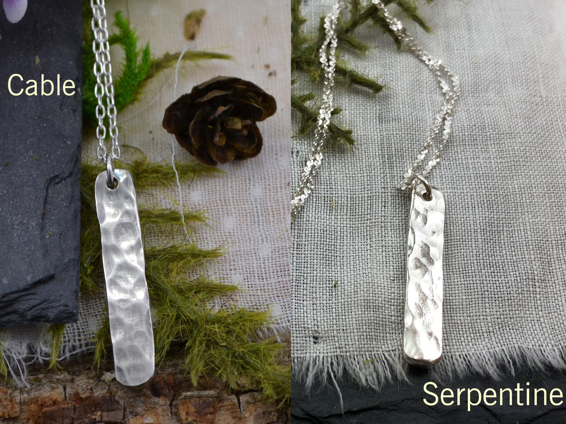 two silver bar necklaces with hammered texture lying on fabric and plant accents
