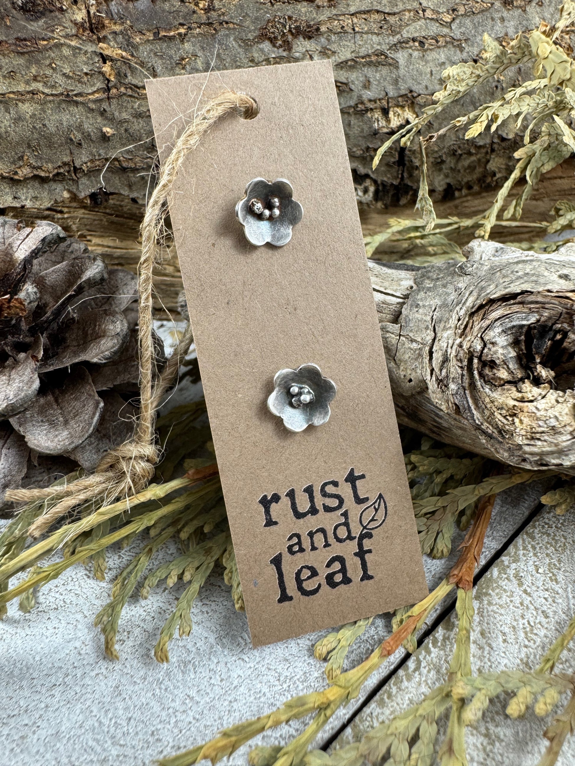 Original Design Vertical Earring Card Sterling Silver Flower shaped stud earrings by Rust and Leaf