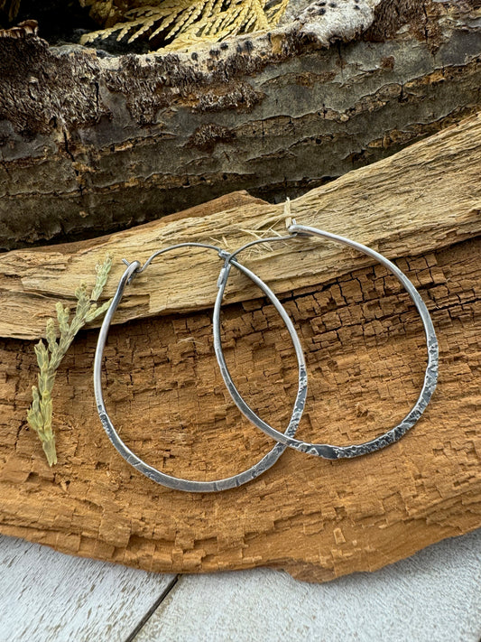 Sterling Silver Free Spirit Hoops with multi texture on wood display