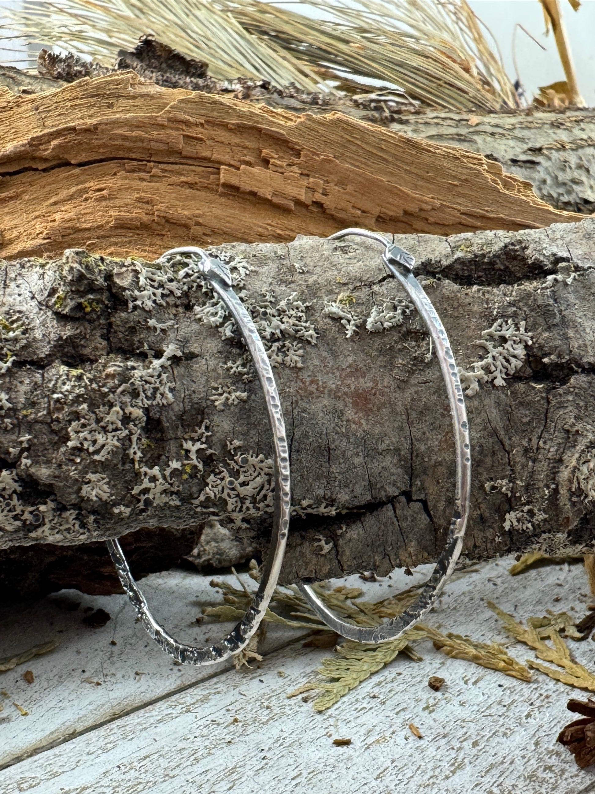 Sterling Silver Free Spirit Hoops with multi texture on bark display