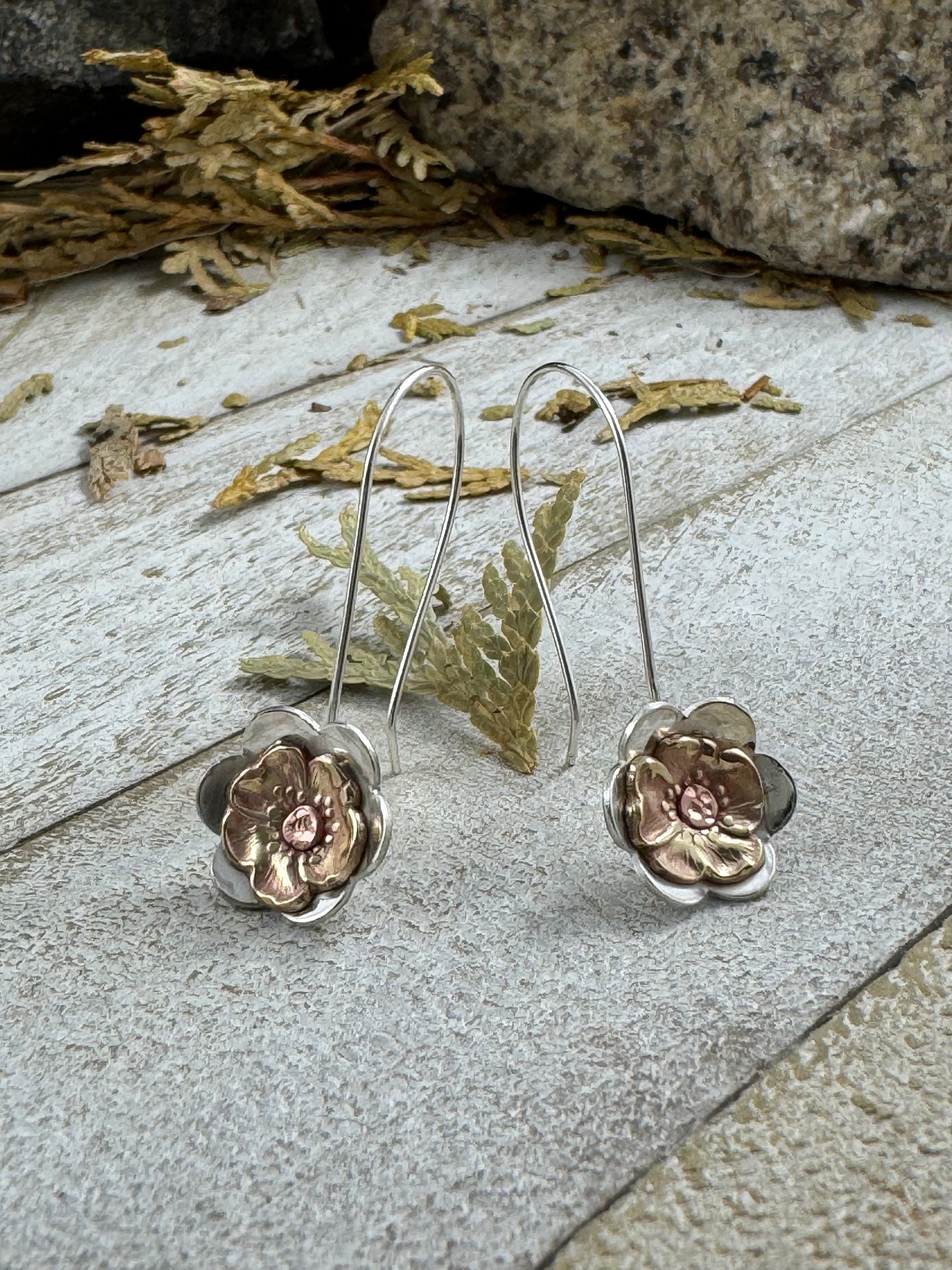 Sterling Silver flower dangle earrings with cold connection vintage repurposed brass pansy fabricated during the Art Nouveau period