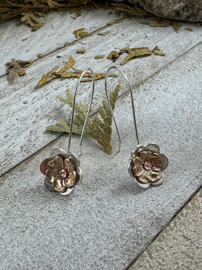 Sterling Silver flower dangle earrings with cold connection vintage repurposed brass pansy fabricated during the Art Nouveau period