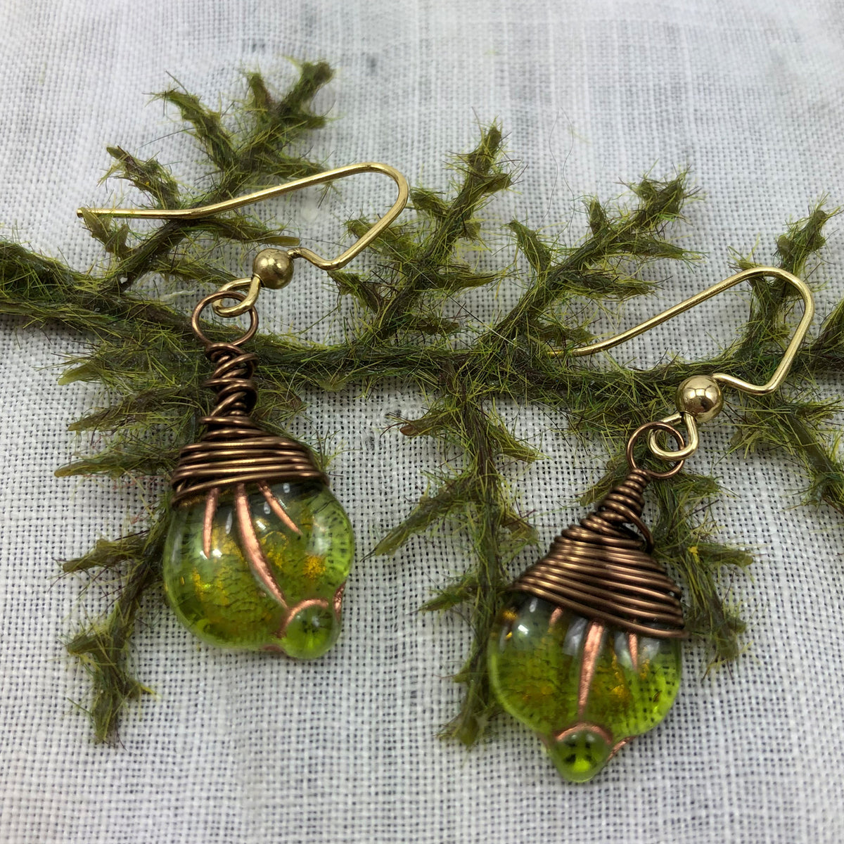 Rust and Leaf Czech glass copper wrapped earrings
