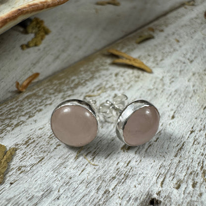 Handcrafted rose quartz stud earrings with 8mm stones set in smooth fine silver bezels from the Little Wilds collection - nature-inspired jewelry for love and emotional healing