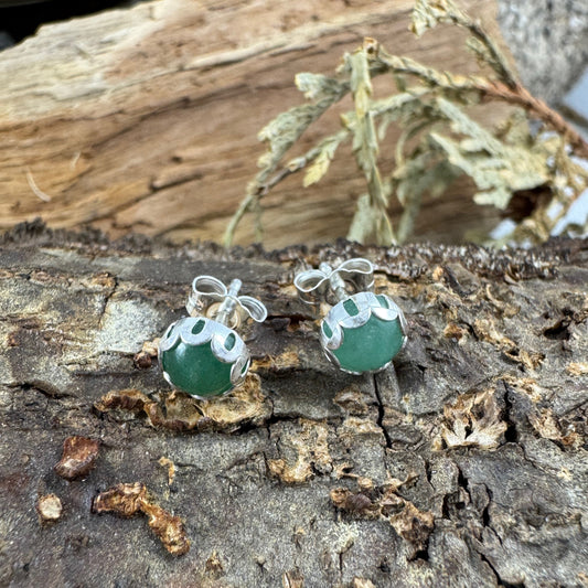 Handmade sterling silver green aventurine stud earrings with 6mm stones, shown in flower and smooth bezel styles from the Little Wilds collection - earthy, poetic jewelry for heart-centered growth