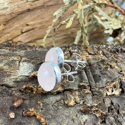 Handcrafted rose quartz stud earrings with 8mm stones set in smooth fine silver bezels from the Little Wilds collection - nature-inspired jewelry for love and emotional healing.