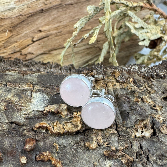 Handcrafted rose quartz stud earrings with 8mm stones set in smooth fine silver bezels from the Little Wilds collection - nature-inspired jewelry for love and emotional healing