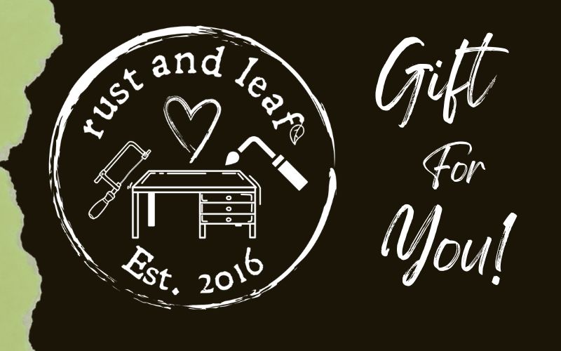 Logo with text 'rust and leaf' and 'Gift For You!' on a black background