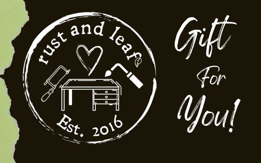 Logo with text 'rust and leaf' and 'Gift For You!' on a black background