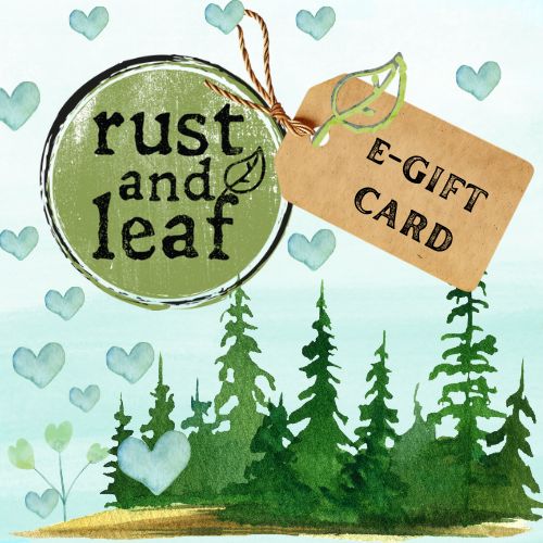 E-gift card with 'rust and leaf' branding and a forest design.