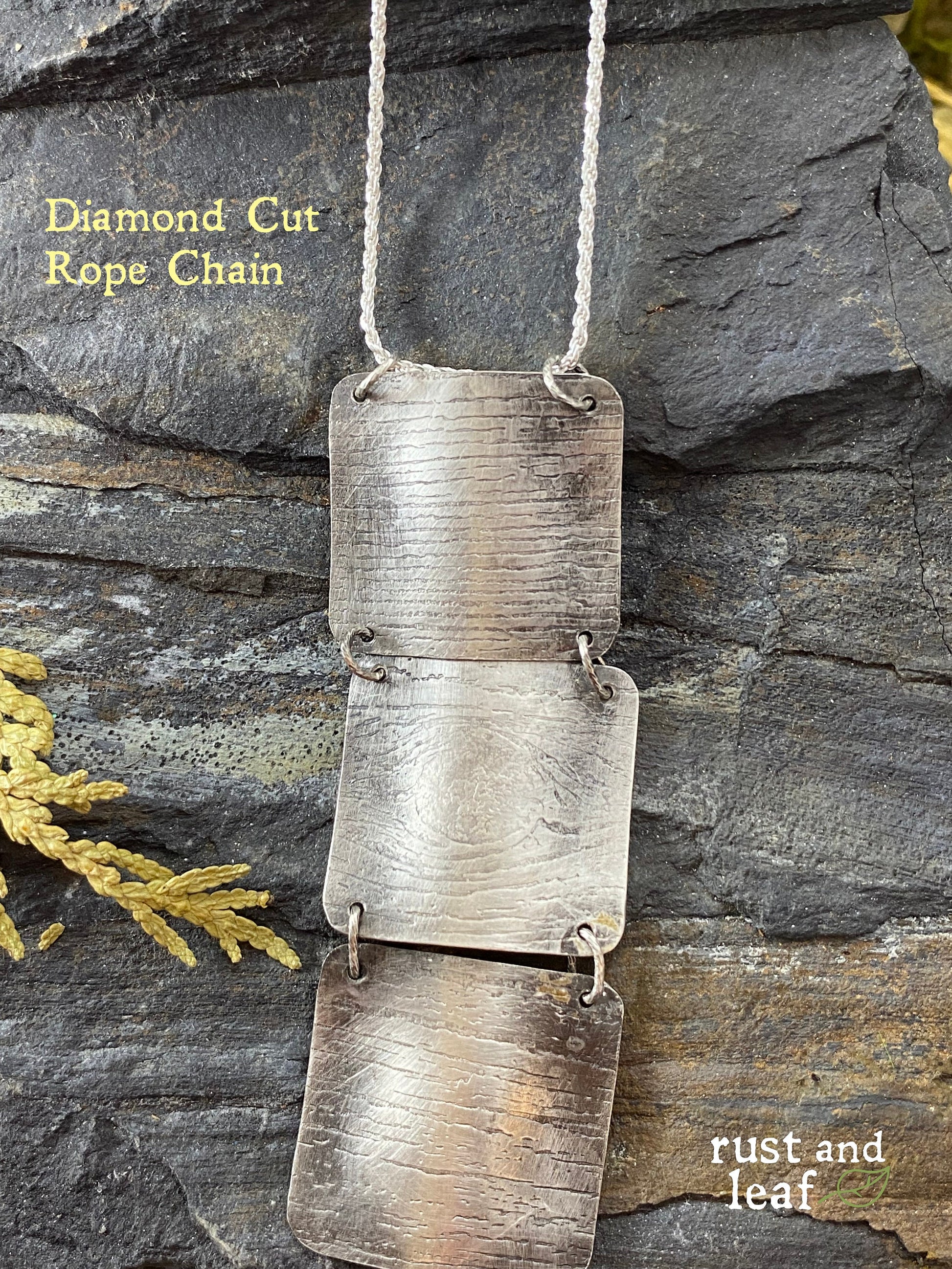 The original Stitched Tree Bark Necklace by Rust and Leaf in - with Sterling Silver Diamond cut rope chain