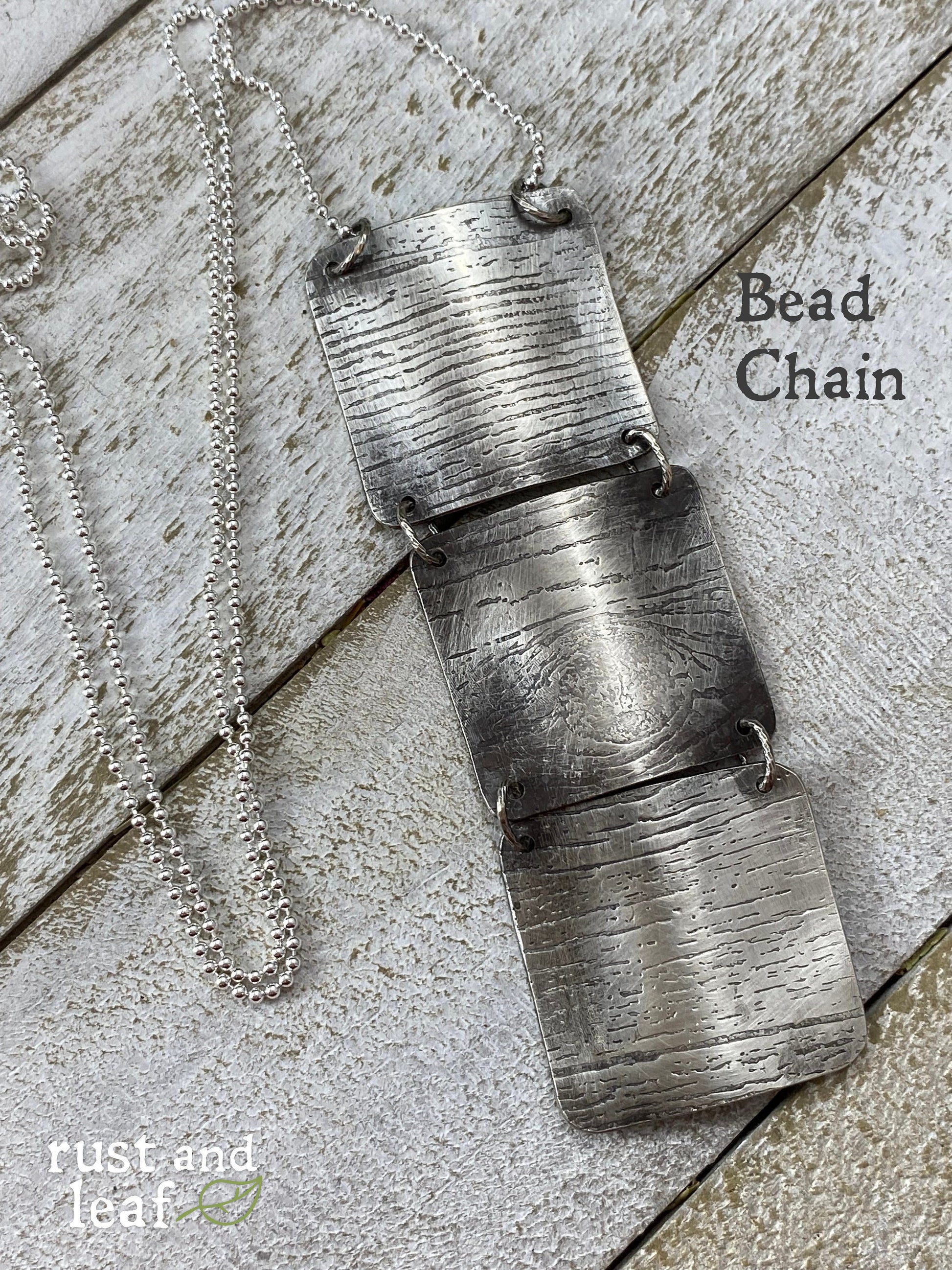 The original Stitched Tree Bark Necklace by Rust and Leaf in - with Sterling Silver Bead Chain