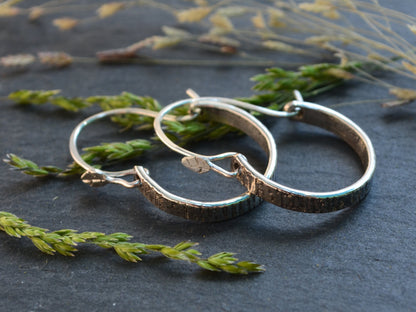 Sterling Silver Tree Bark Hoops from Rust and Leaf with hand forged leaf ear wire 