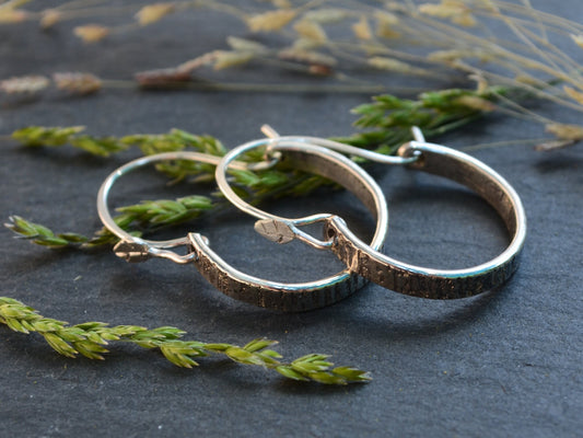 Sterling Silver Tree Bark Hoops from Rust and Leaf with hand forged leaf ear wire 