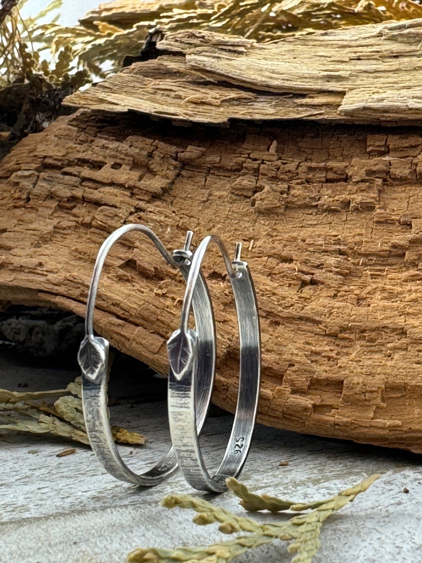 Sterling Silver Tree Bark Hoops with Hand forged Leaf Ear wire