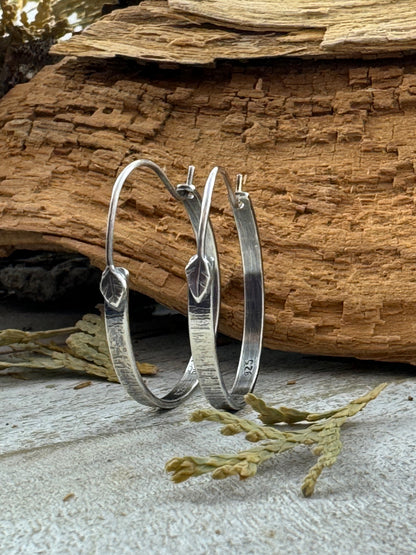 Sterling Silver Tree Bark Hoops with Hand forged Leaf Earwire