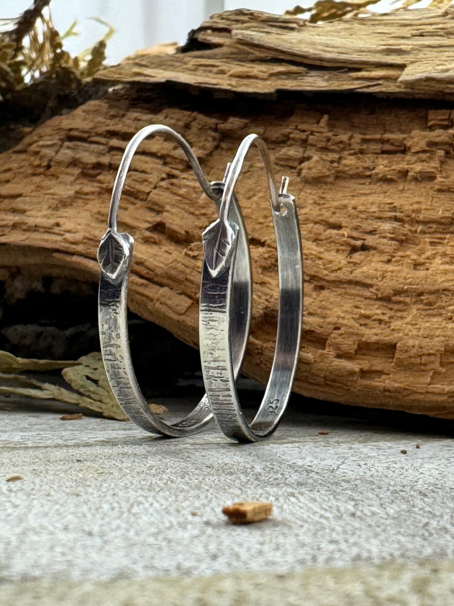 Sterling Silver Tree Bark Hoops with Hand forged Leaf Ear wire by Rust and Leaf