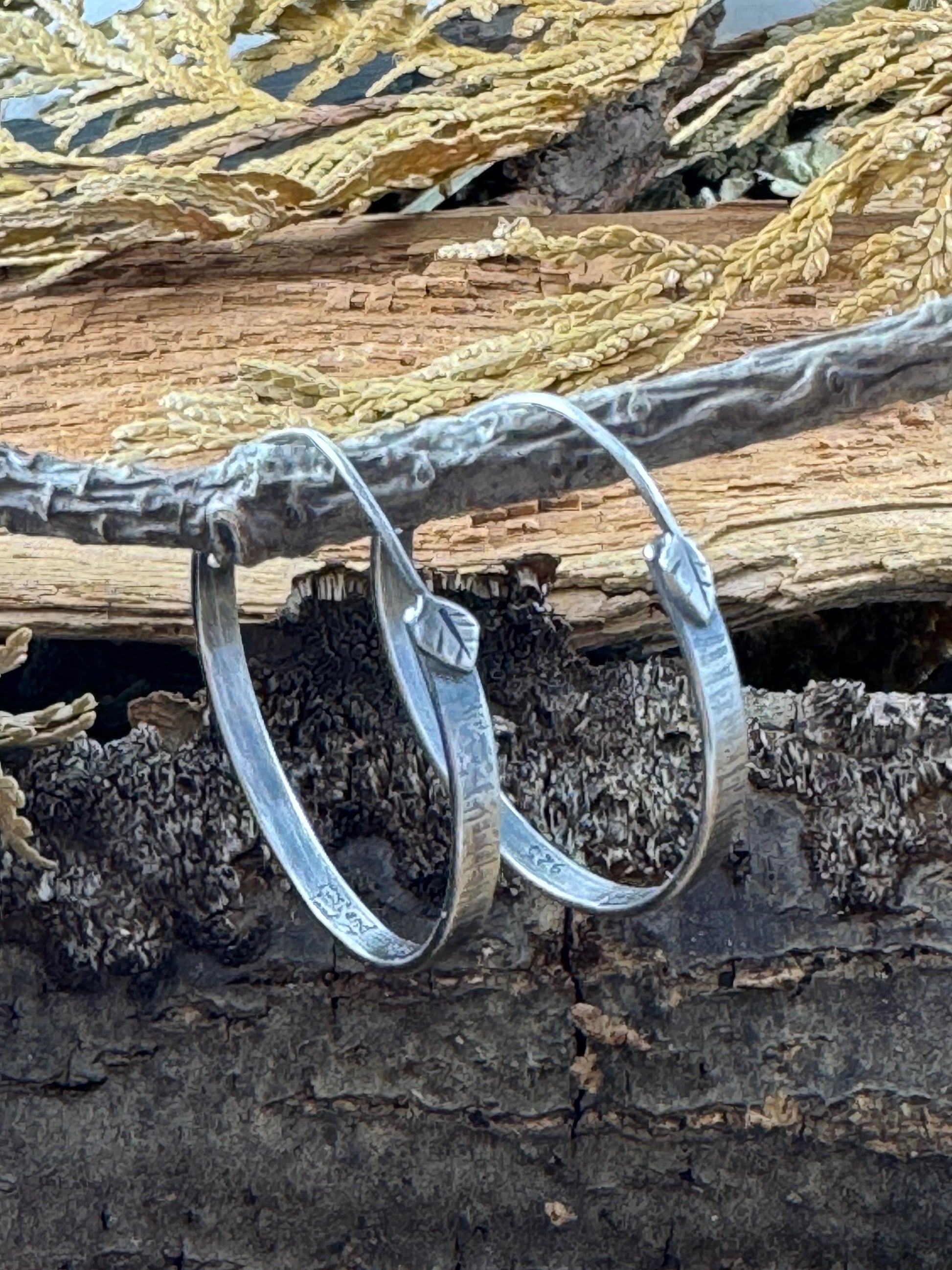 Sterling Silver Tree Bark Hoops with Hand forged Leaf Ear wire on Branch