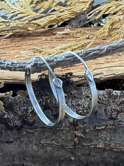 Sterling Silver Tree Bark Hoops with Hand forged Leaf Ear wire on Branch