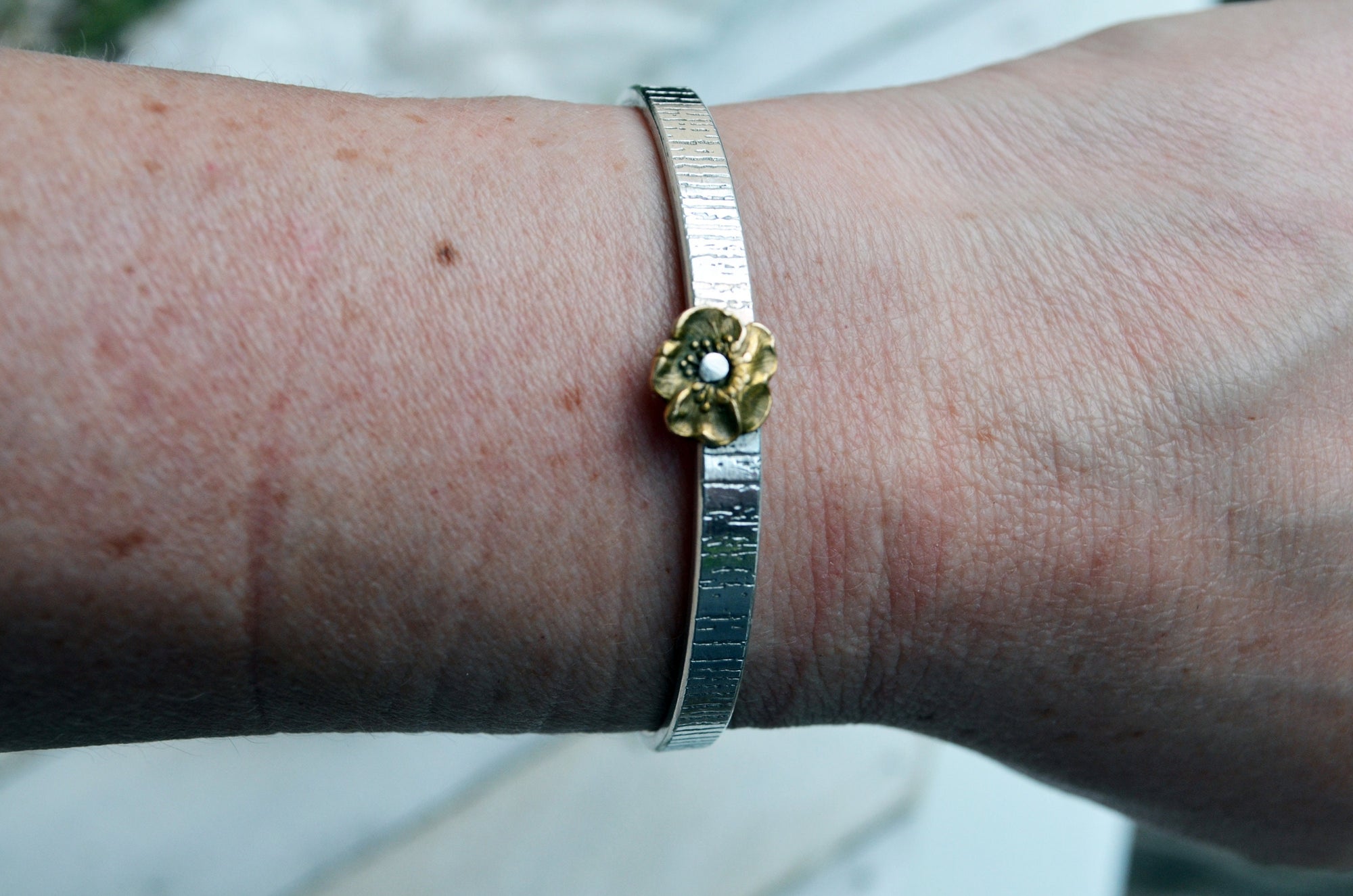 Sterling Tree Bark Cuff with Repurposed Vintage Pansy