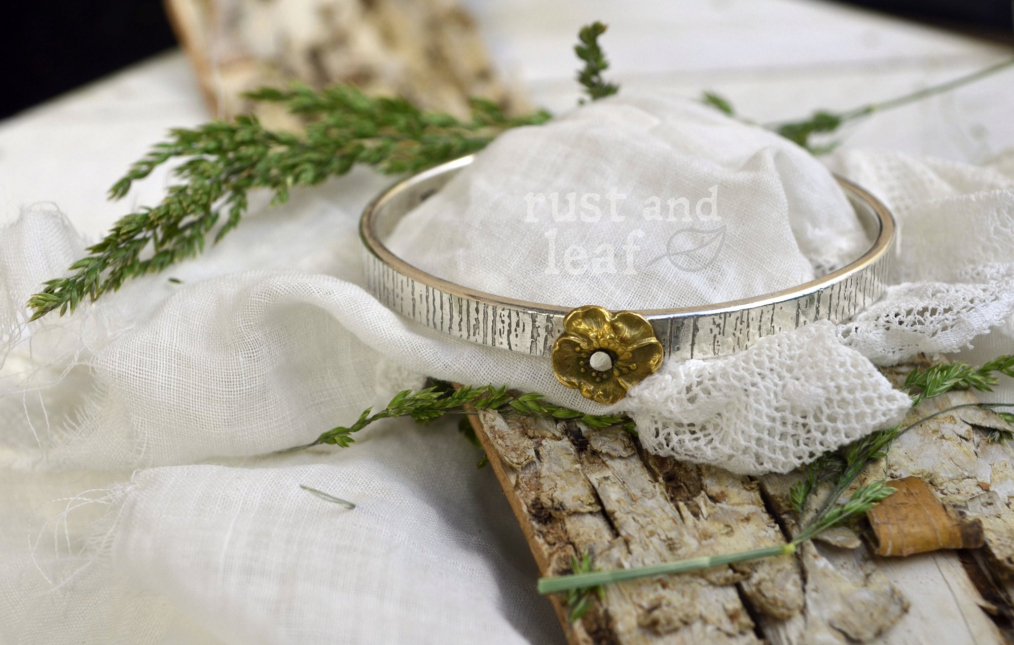 Sterling Tree Bark Cuff with Repurposed Vintage Pansy