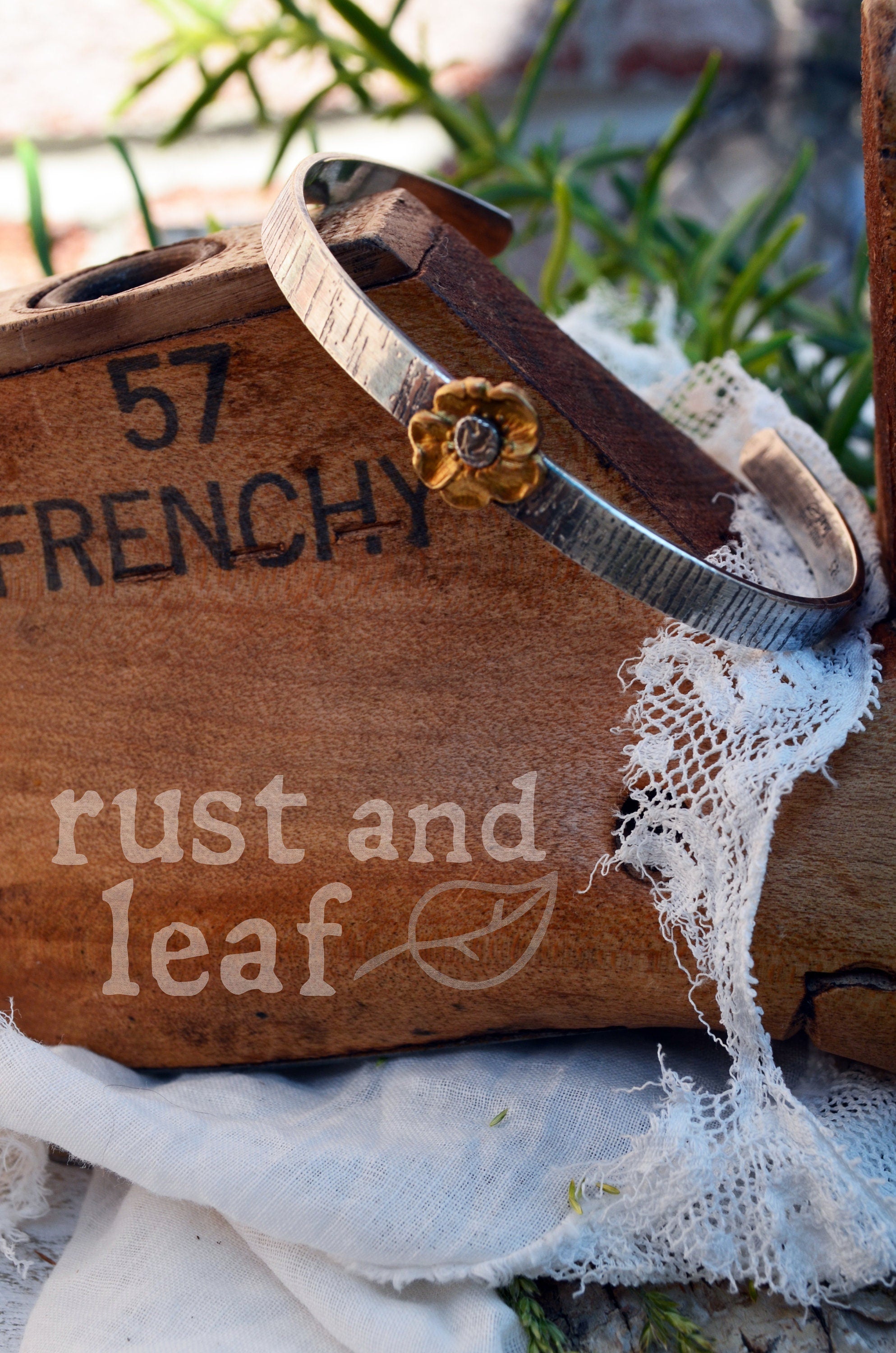 Sterling Tree Bark Cuff with Repurposed Vintage Pansy