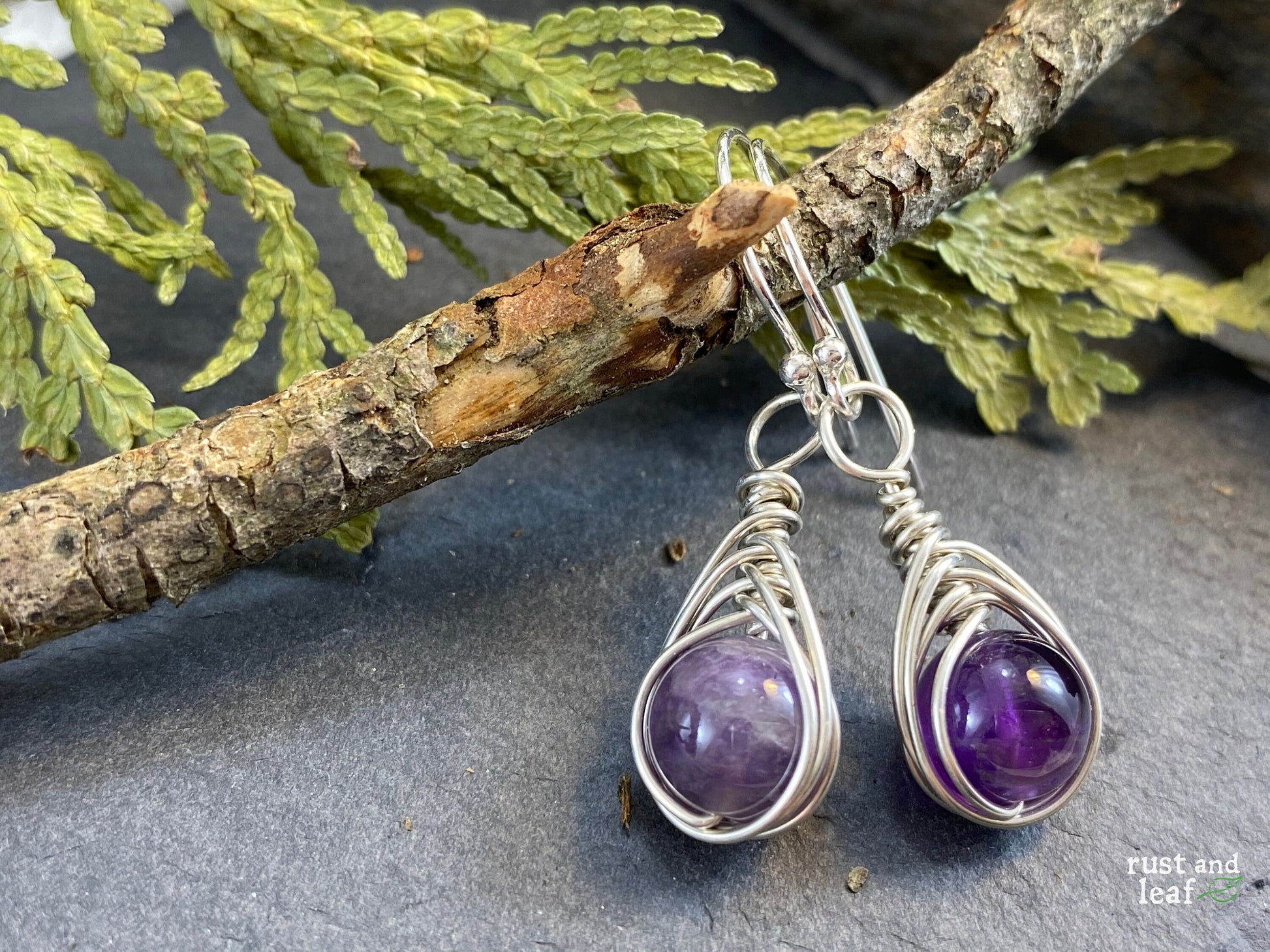 Herringbone Wrapped Amethyst Sterling Earrings