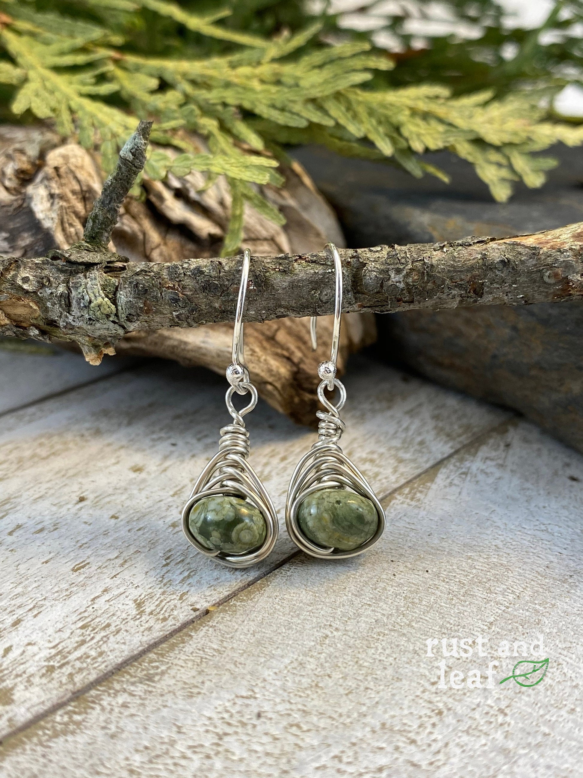 Herringbone Wrapped Rhyolite Sterling Earrings