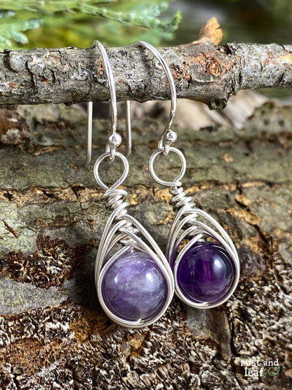 Herringbone Wrapped Amethyst Sterling Earrings