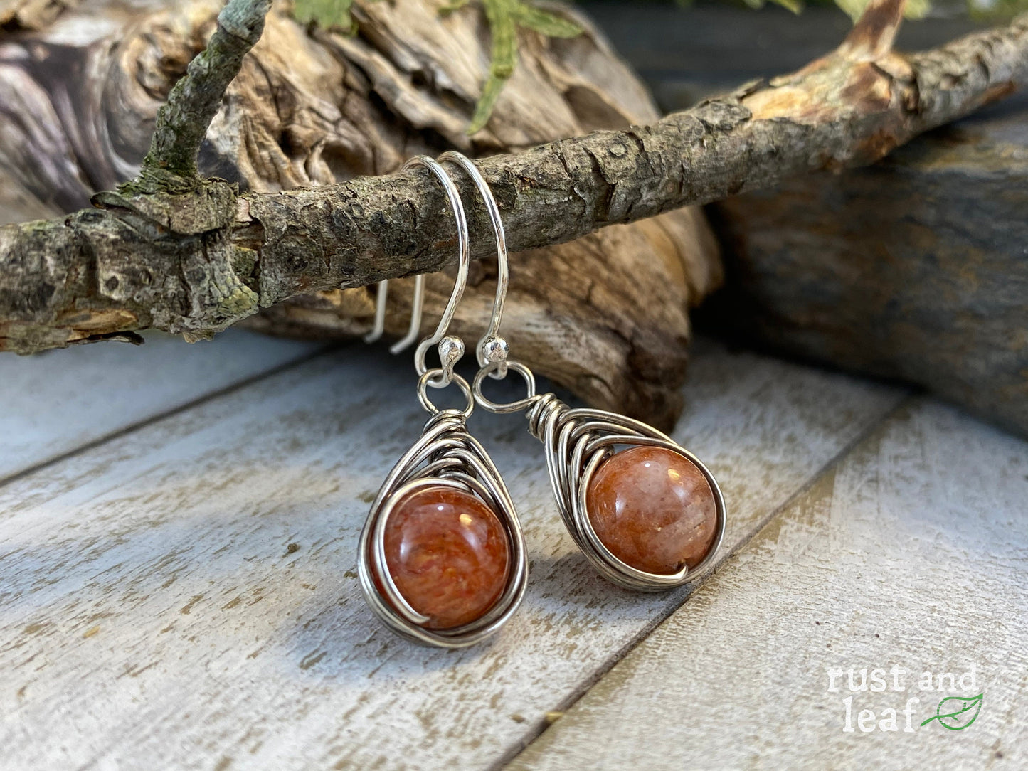 Herringbone Wrapped Sunstone Sterling Earrings