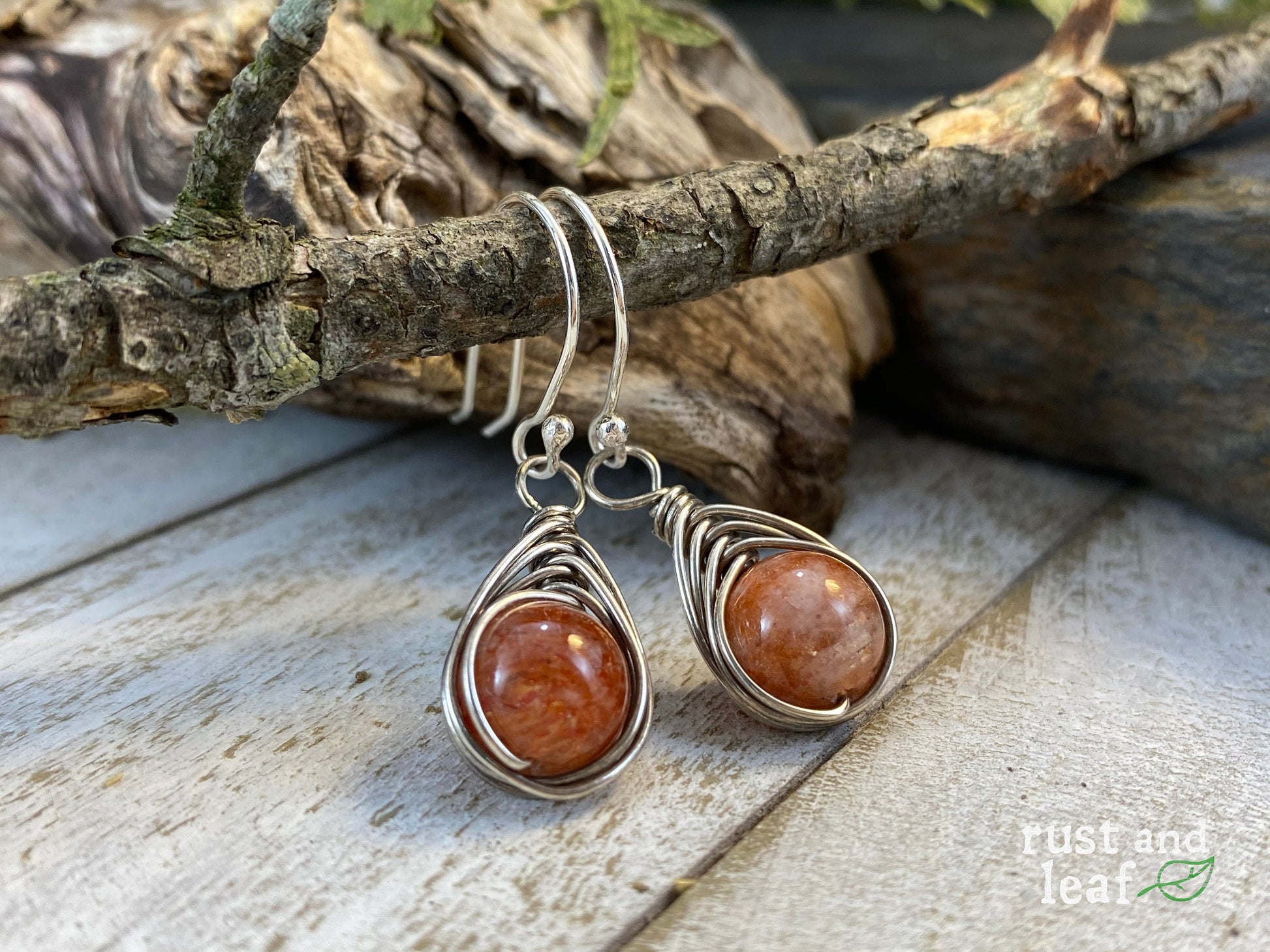 Herringbone Wrapped Sunstone Sterling Earrings