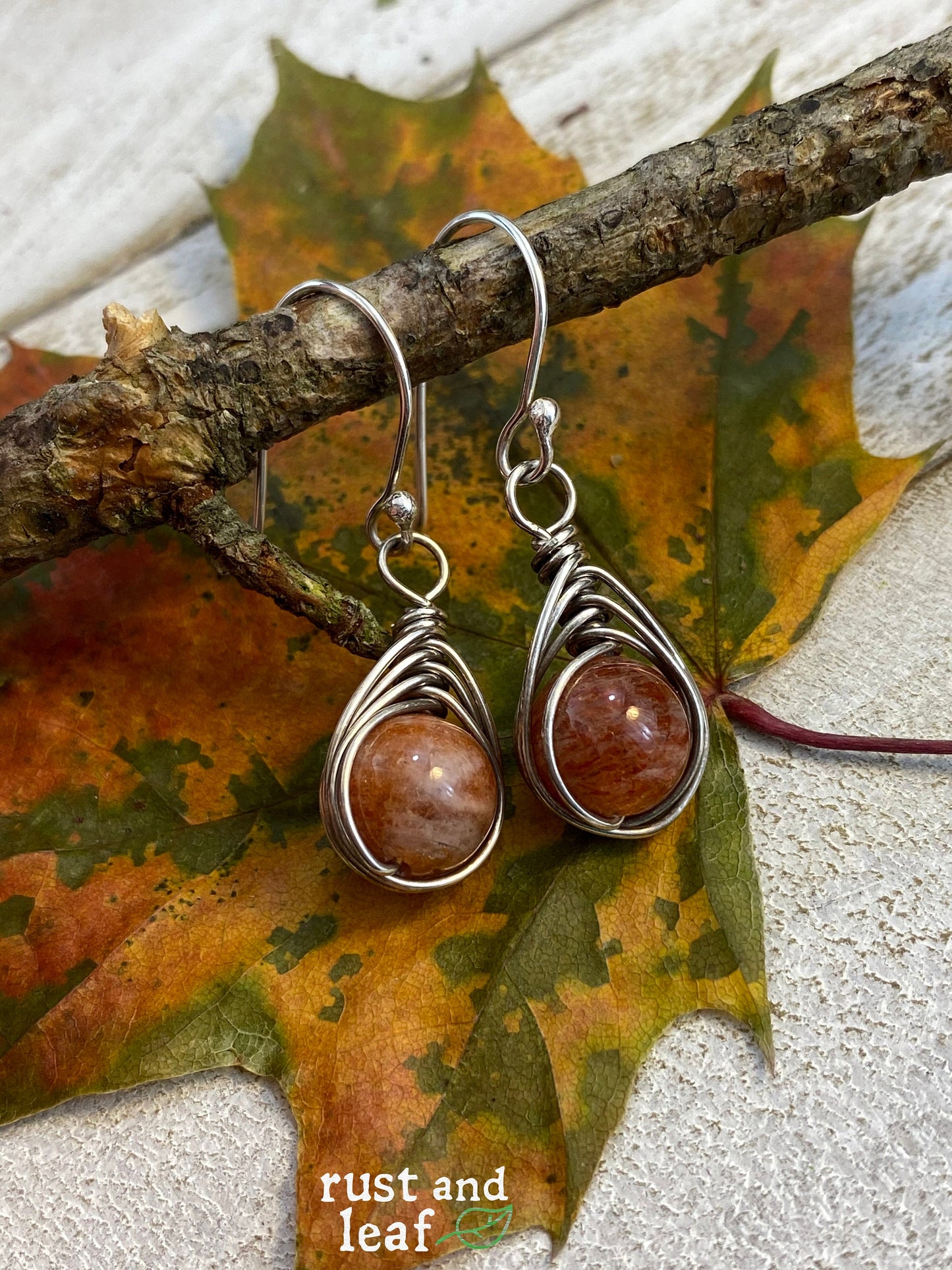 Herringbone Wrapped Sunstone Sterling Earrings