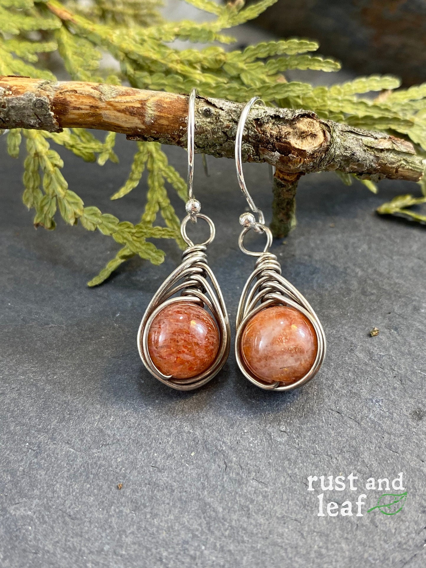Herringbone Wrapped Sunstone Sterling Earrings