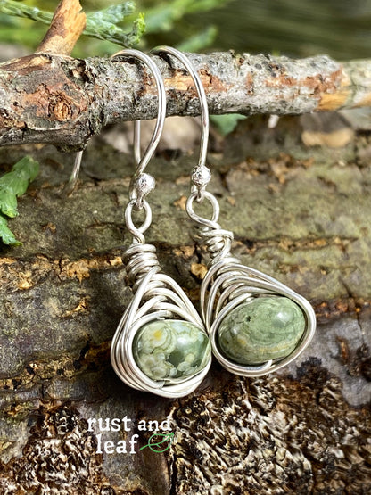 Herringbone Wrapped Rhyolite Sterling Earrings