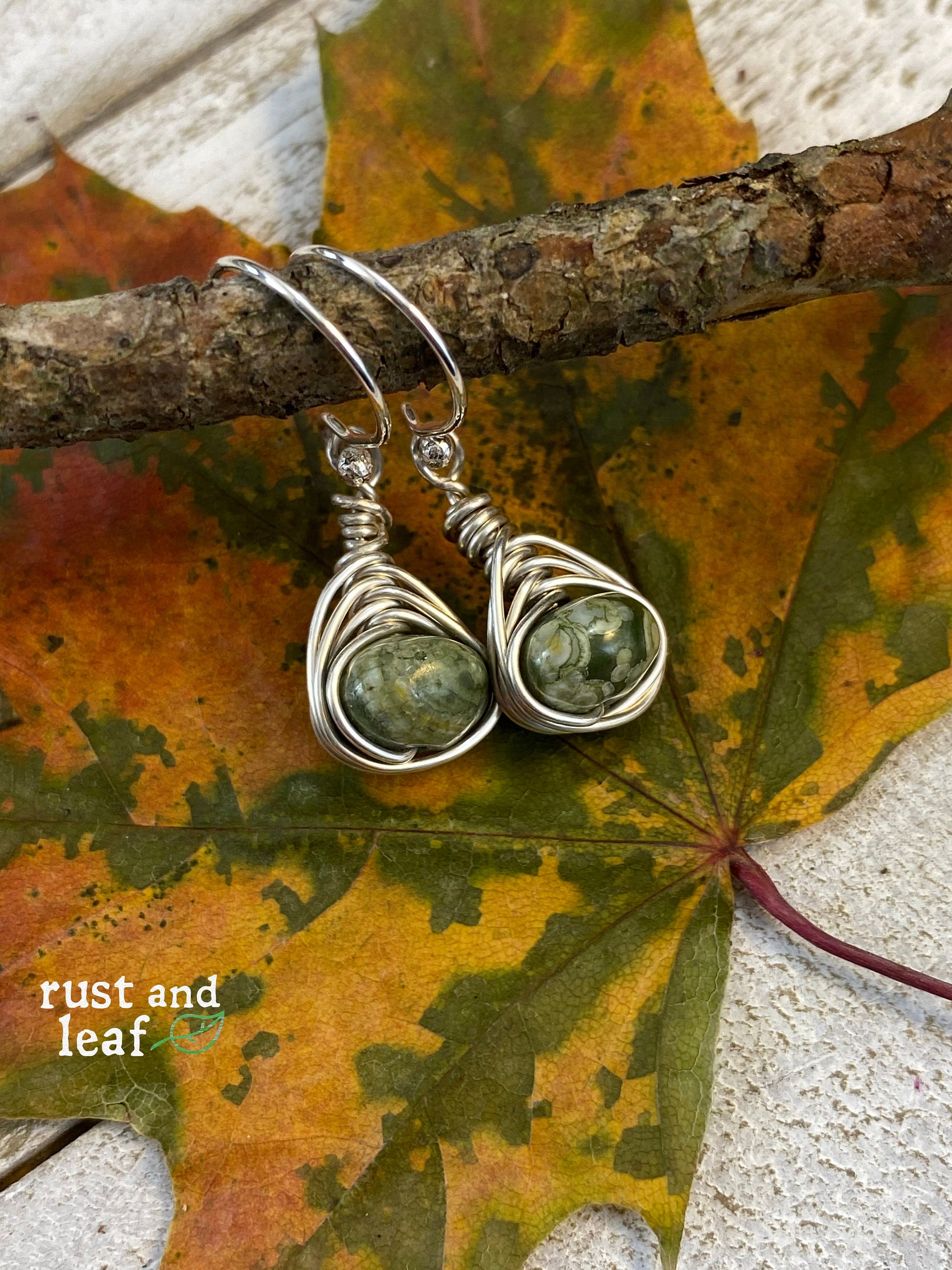 Herringbone Wrapped Rhyolite Sterling Earrings